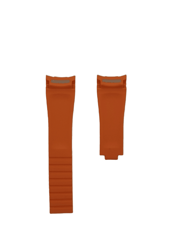 Orange rubber watch strap with curved design and segmented band, compatible with Rolex timepieces