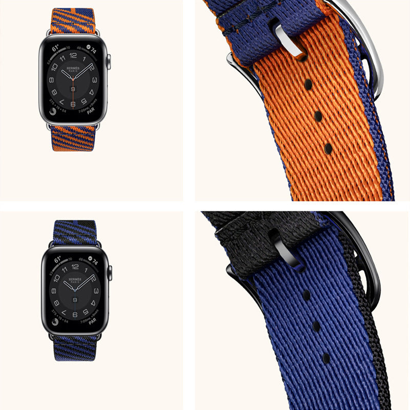 Apple Watch with blue and black striped fabric single tour band in two colorways, showing full watch face and close-up strap detail