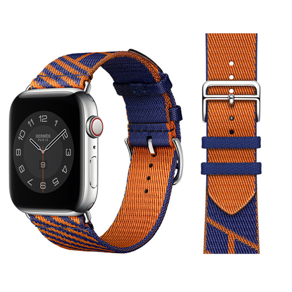 Hermès Apple Watch stainless steel with navy blue and orange woven textile single tour band and silver buckle