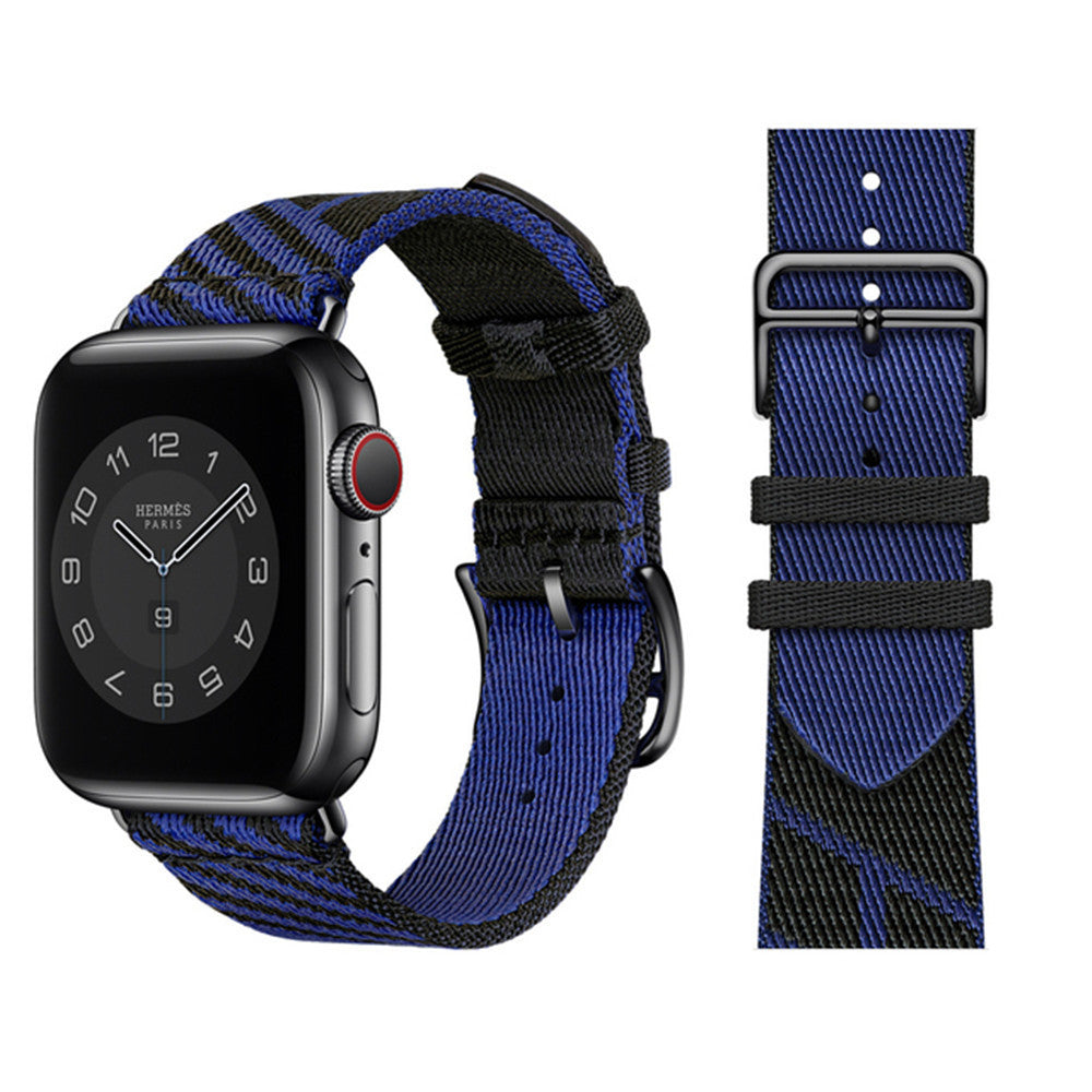 Apple Watch Hermes single tour blue and black striped fabric band with space gray case and matching replacement strap