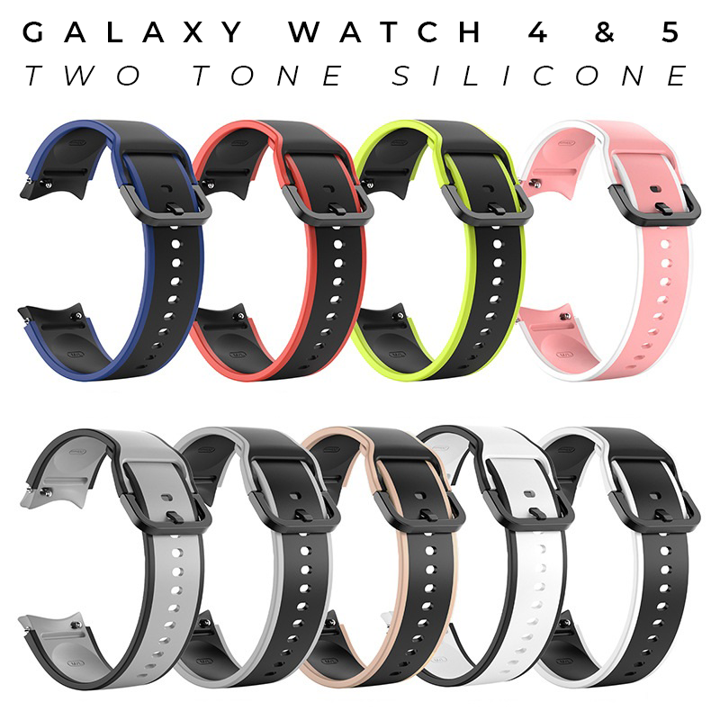 Two Tone Silicone watch bands for Galaxy Watch 4 5 in blue black red yellow pink gray white and rose gold colors
