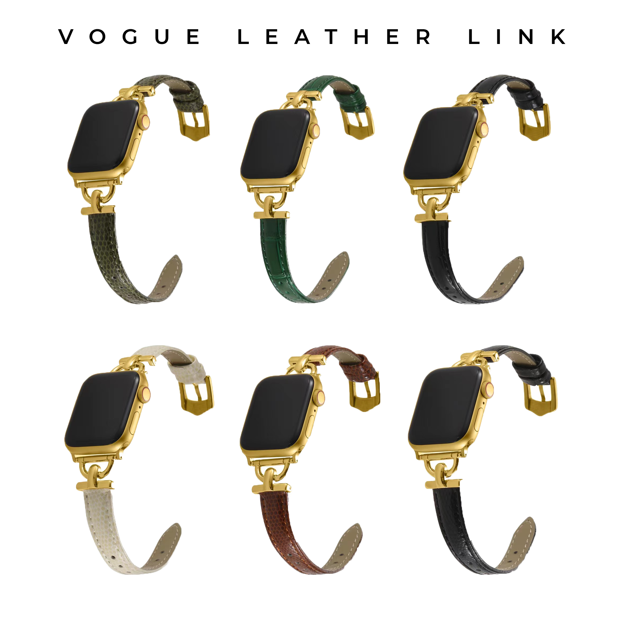 Vogue Leather Link Apple Watch bands in six color options with gold hardware, including green, black, cream, and burgundy leather straps