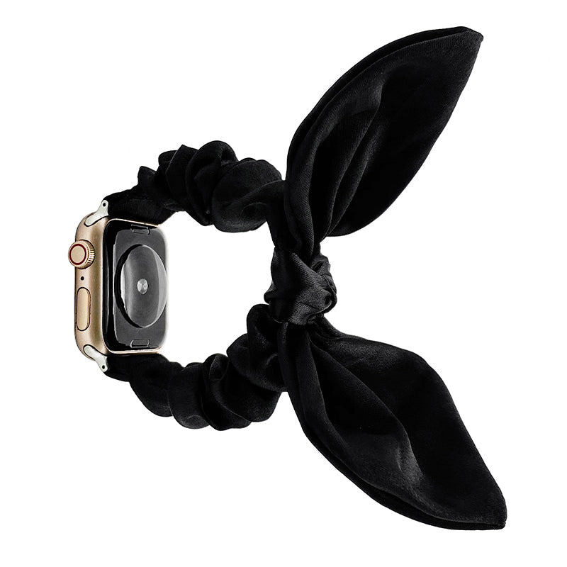Gold Apple Watch with black silk ribbon loop scrunchie band accessory