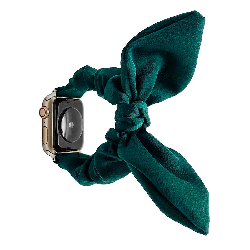 Teal fabric scrunchie loop accessory for smartwatch with gold case and black screen