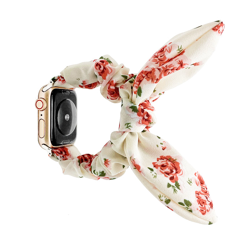 Floral ribbon loop Apple Watch band with red roses on cream fabric and gold hardware connector