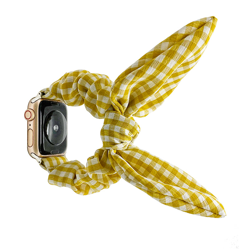 Gold and white gingham fabric ribbon loop smartwatch band with elongated scarf-style straps