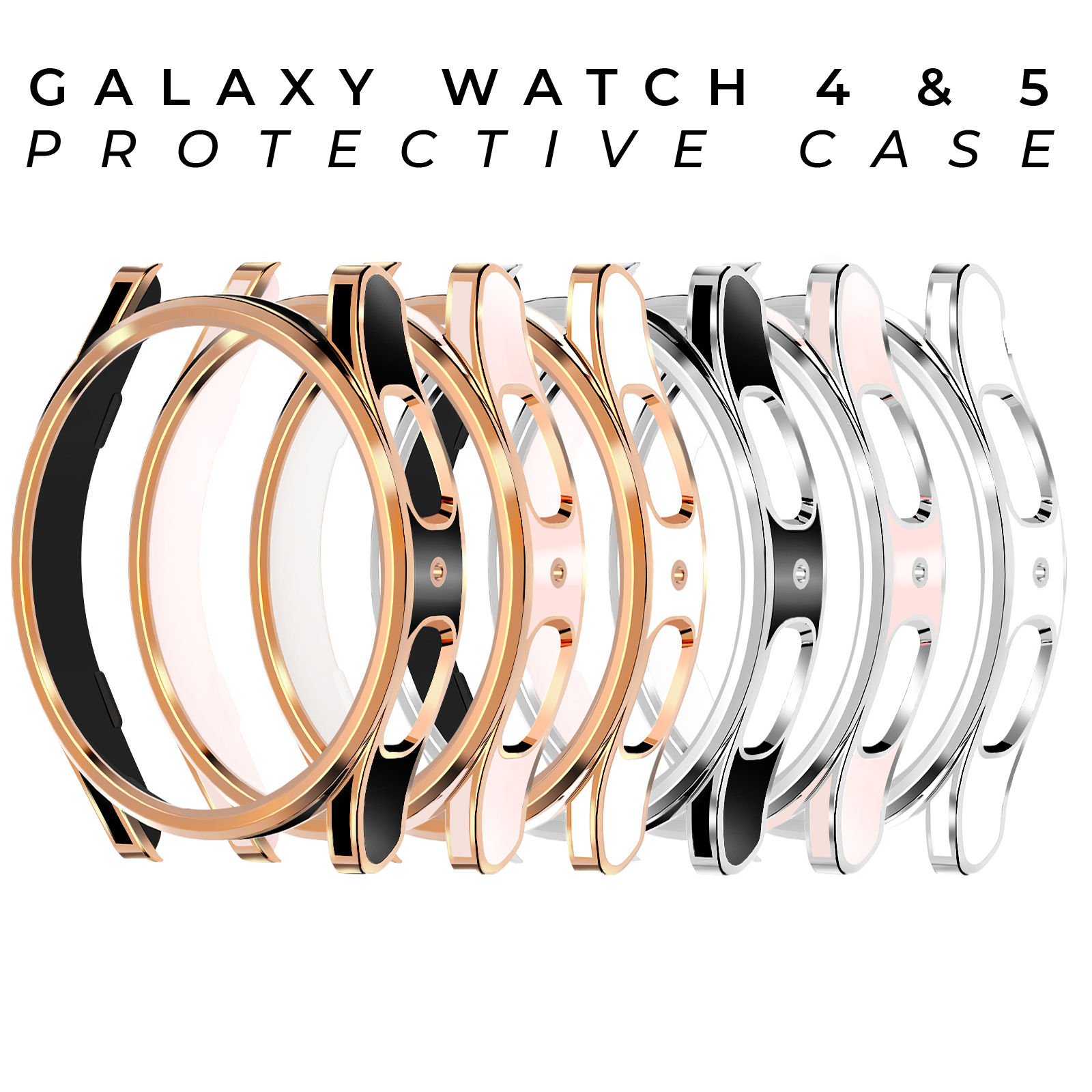 Galaxy Watch 4 and 5 protective cases in multiple colors including rose gold, black, silver, and pink tones displayed in a row