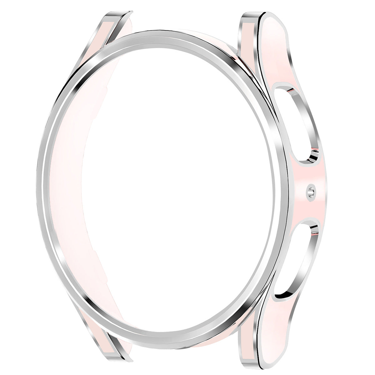Two-tone pink and silver protective case for Galaxy Watch 4 and 5 with polished metal edges and rubberized sides