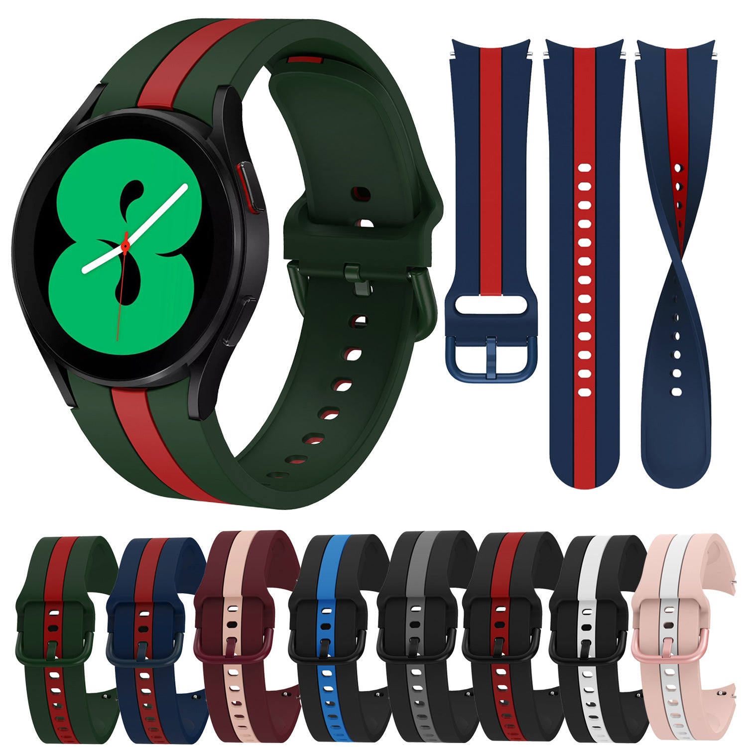 Smartwatch with green and red striped silicone band, featuring green digital watch face and multiple interchangeable colored band options