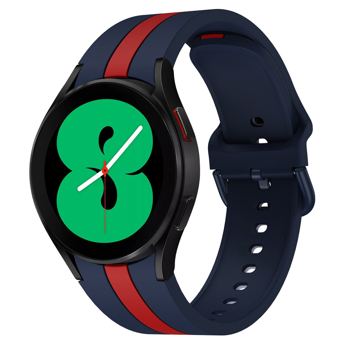 Navy and red striped silicone smartwatch band with black case and green watch face display