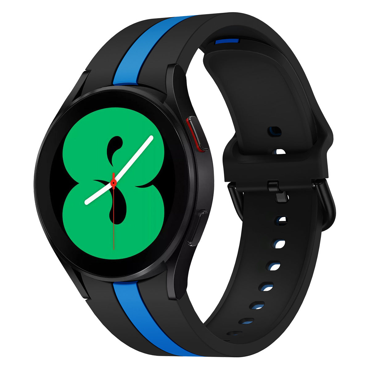 Black and blue striped silicone smartwatch band with green watch face displaying time and fitness tracking display