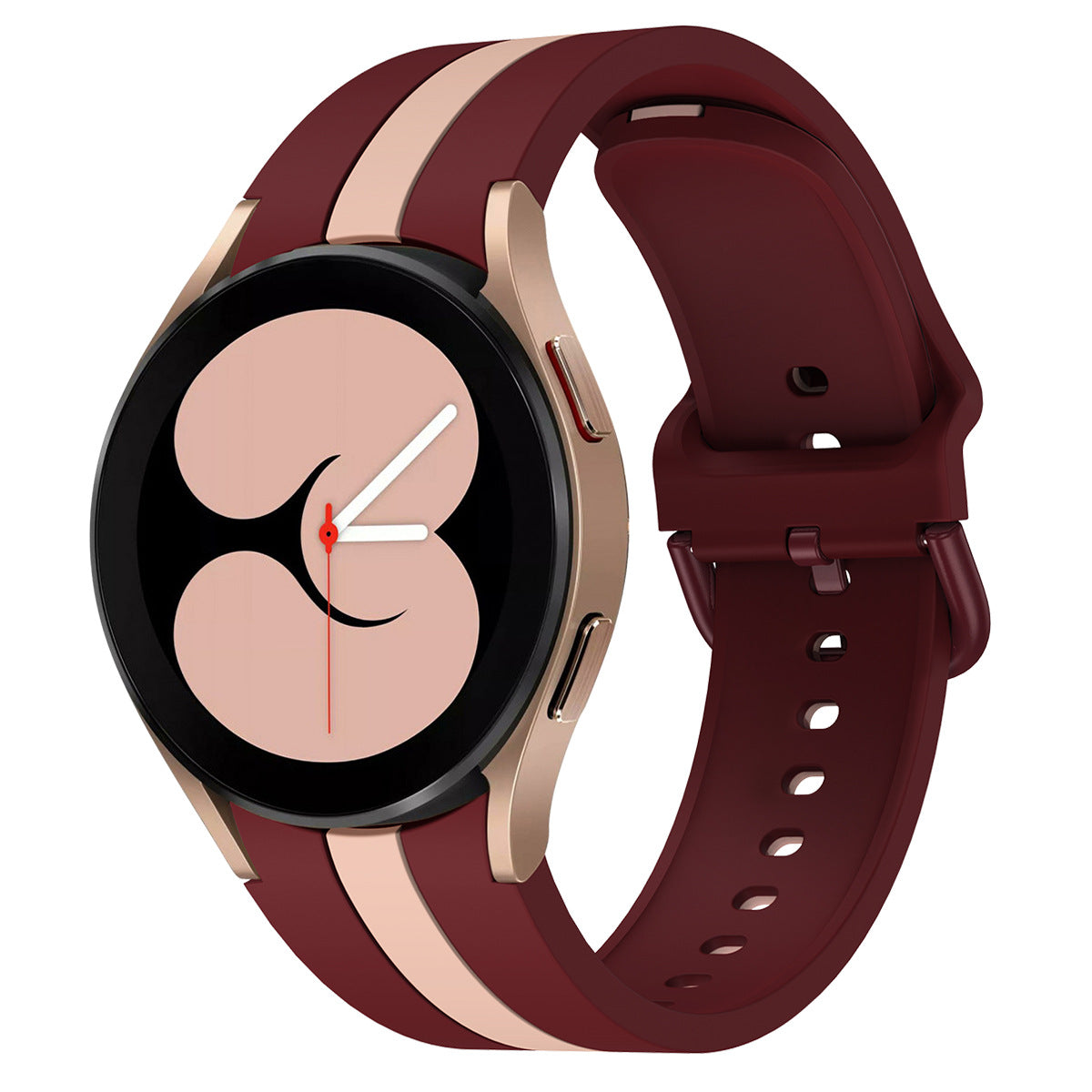 Smartwatch with burgundy and rose gold striped silicone band, black dial face with minimalist watch hands and red accents