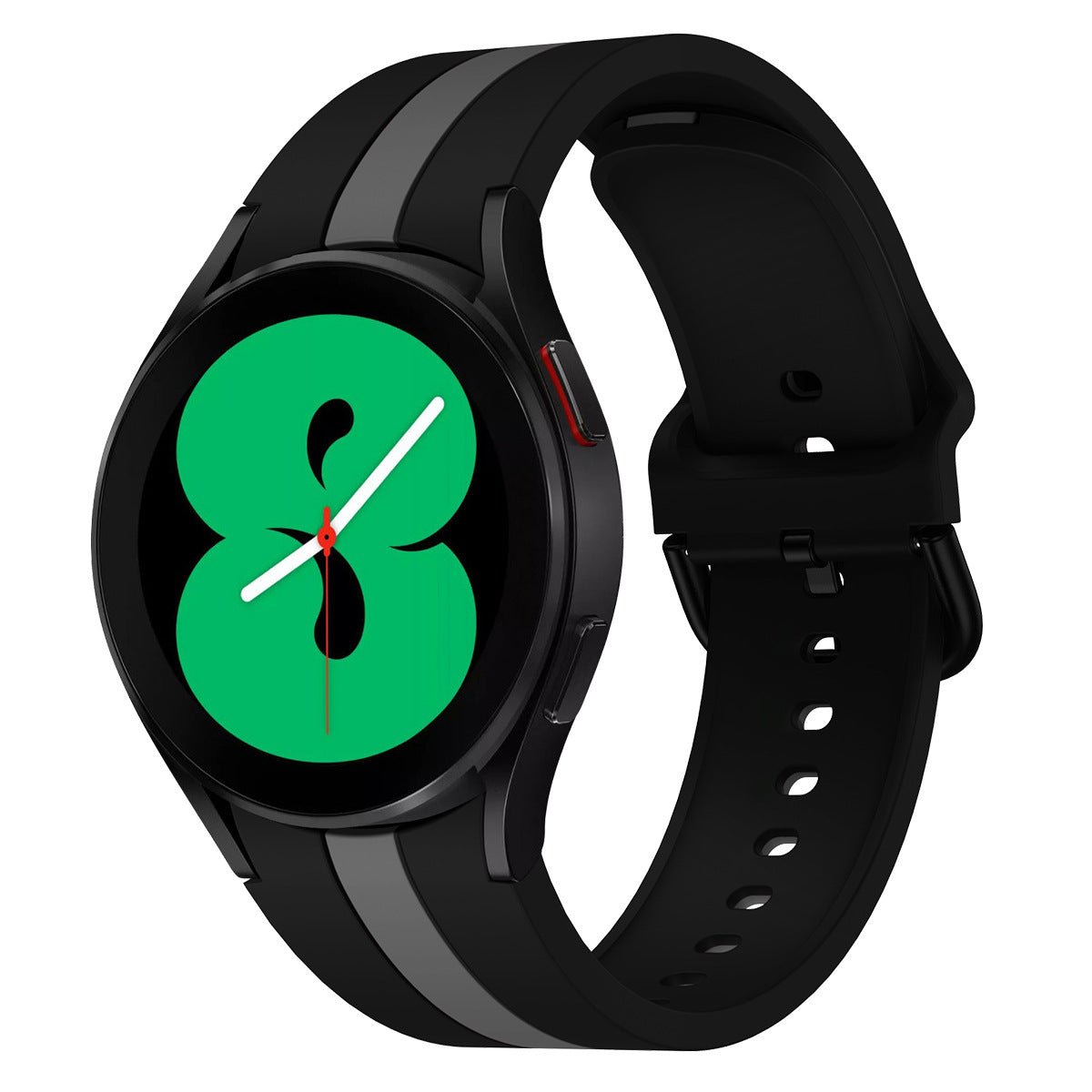 Black smartwatch with gray stripe and green clover watch face displaying time with white hands and red center