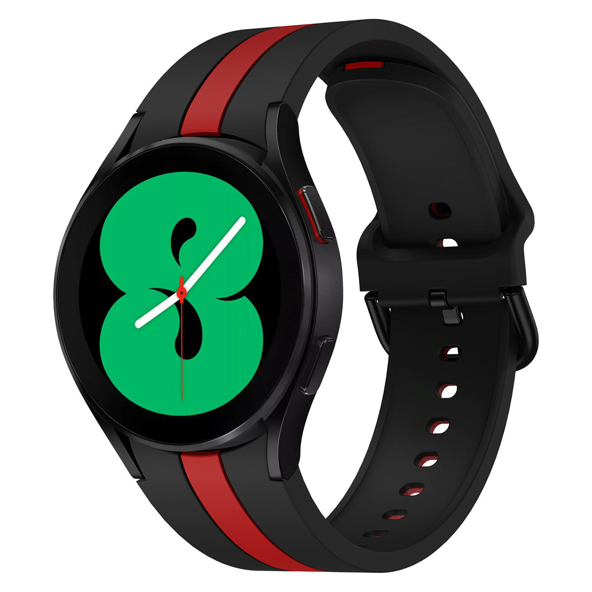 Black and red striped silicone smartwatch band with green watch face displaying analog time and sport watch design