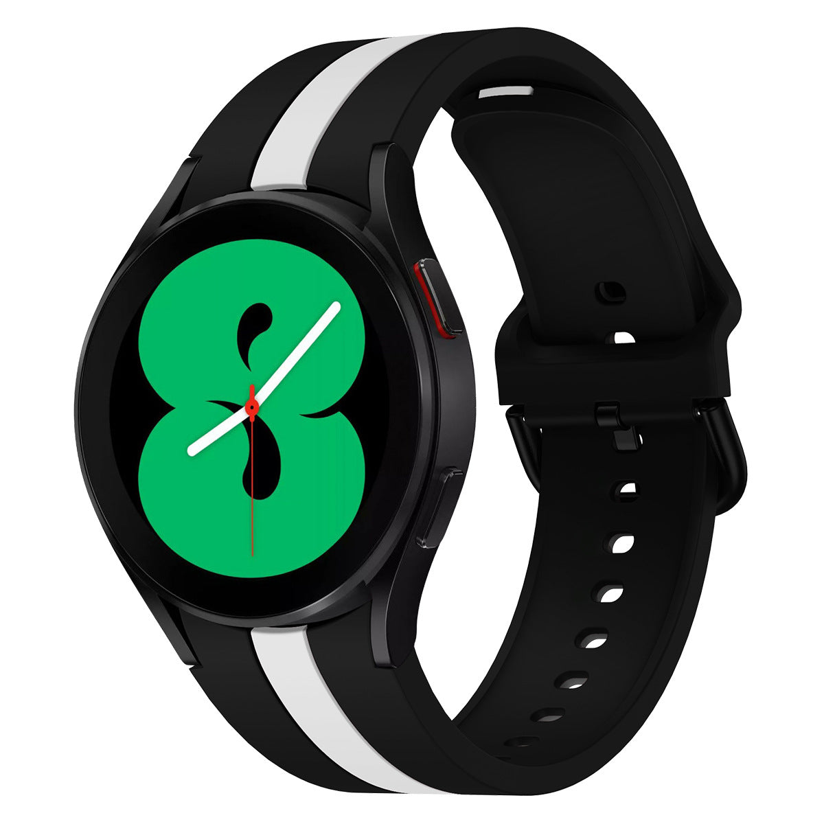 Black silicone smartwatch with white stripe and green clock face displaying analog time