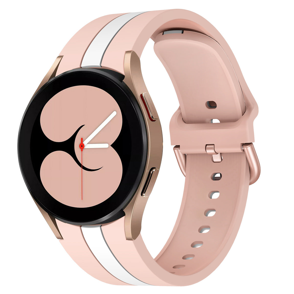 Pink and white striped silicone smartwatch band with rose gold case and black dial showing time