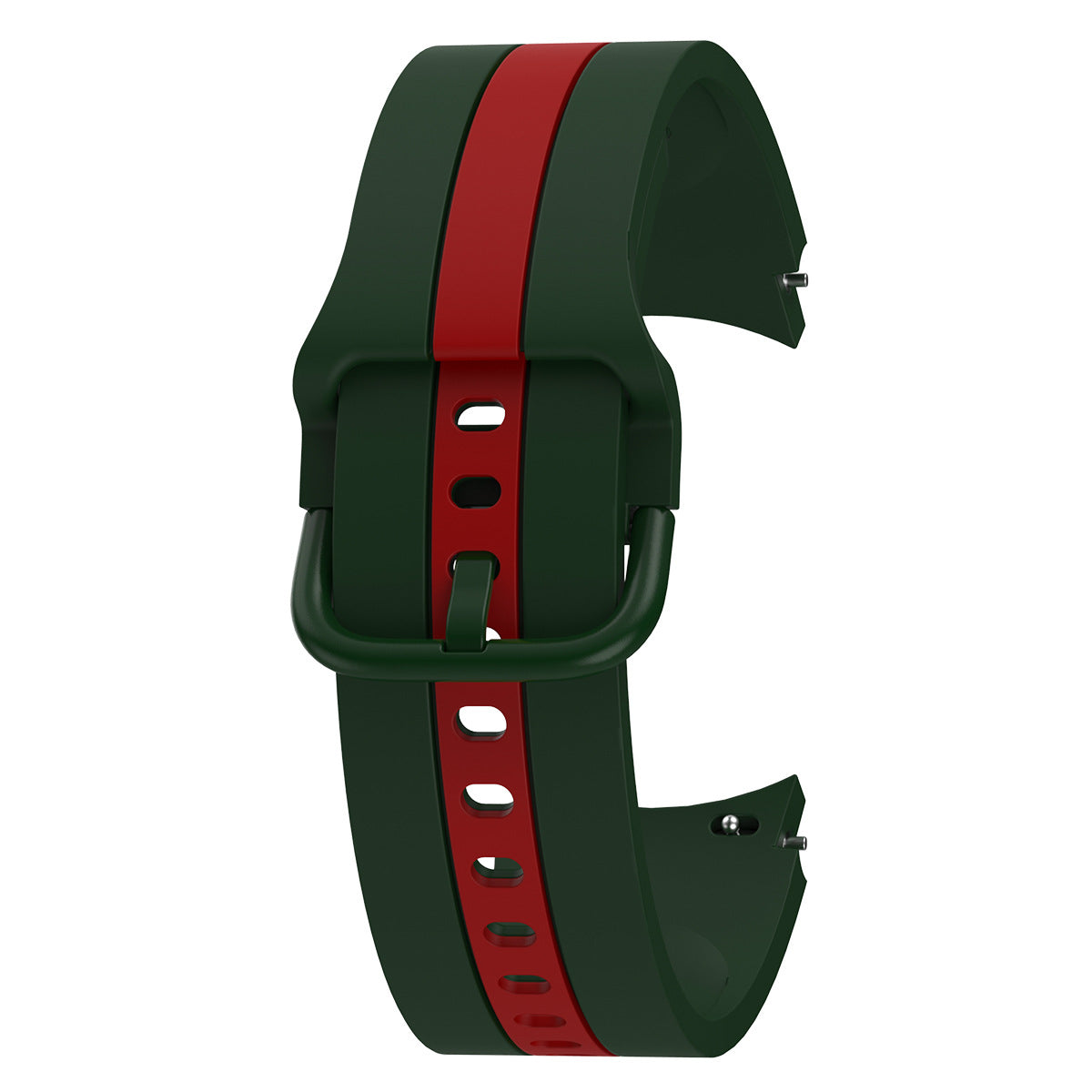Green and red striped silicone watch band with adjustable holes and green buckle closure