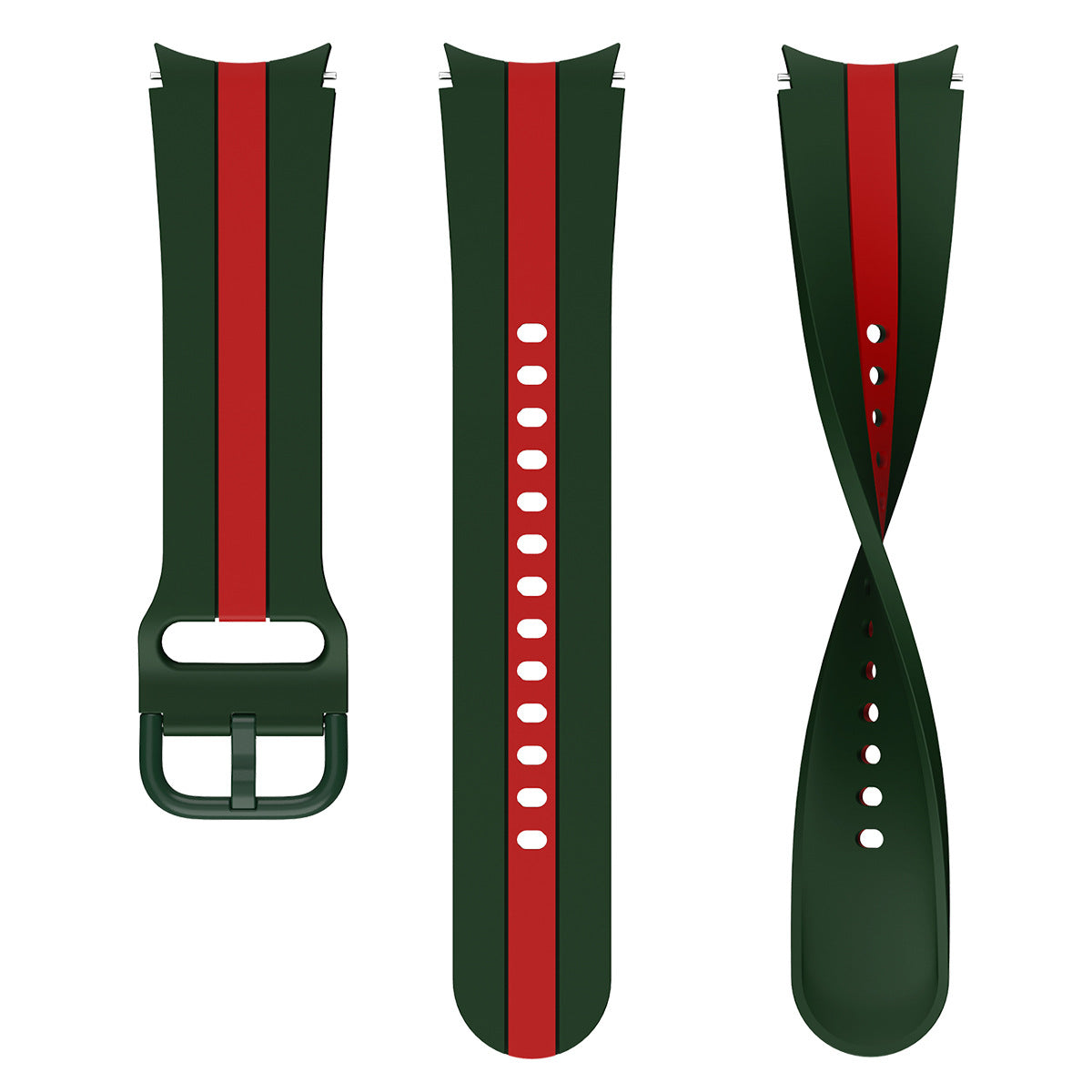 Green and red striped silicone smartwatch band with adjustable buckle closure and ventilation holes