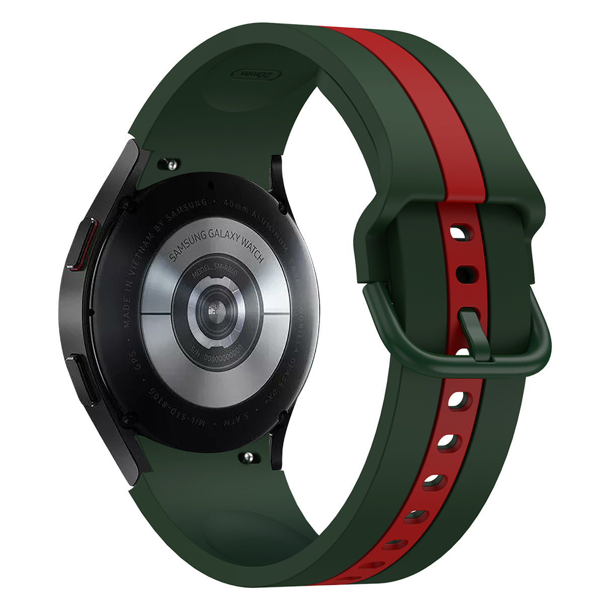 Samsung Galaxy Watch with green and red striped silicone sport band, featuring circular AMOLED display and adjustable strap with ventilation holes