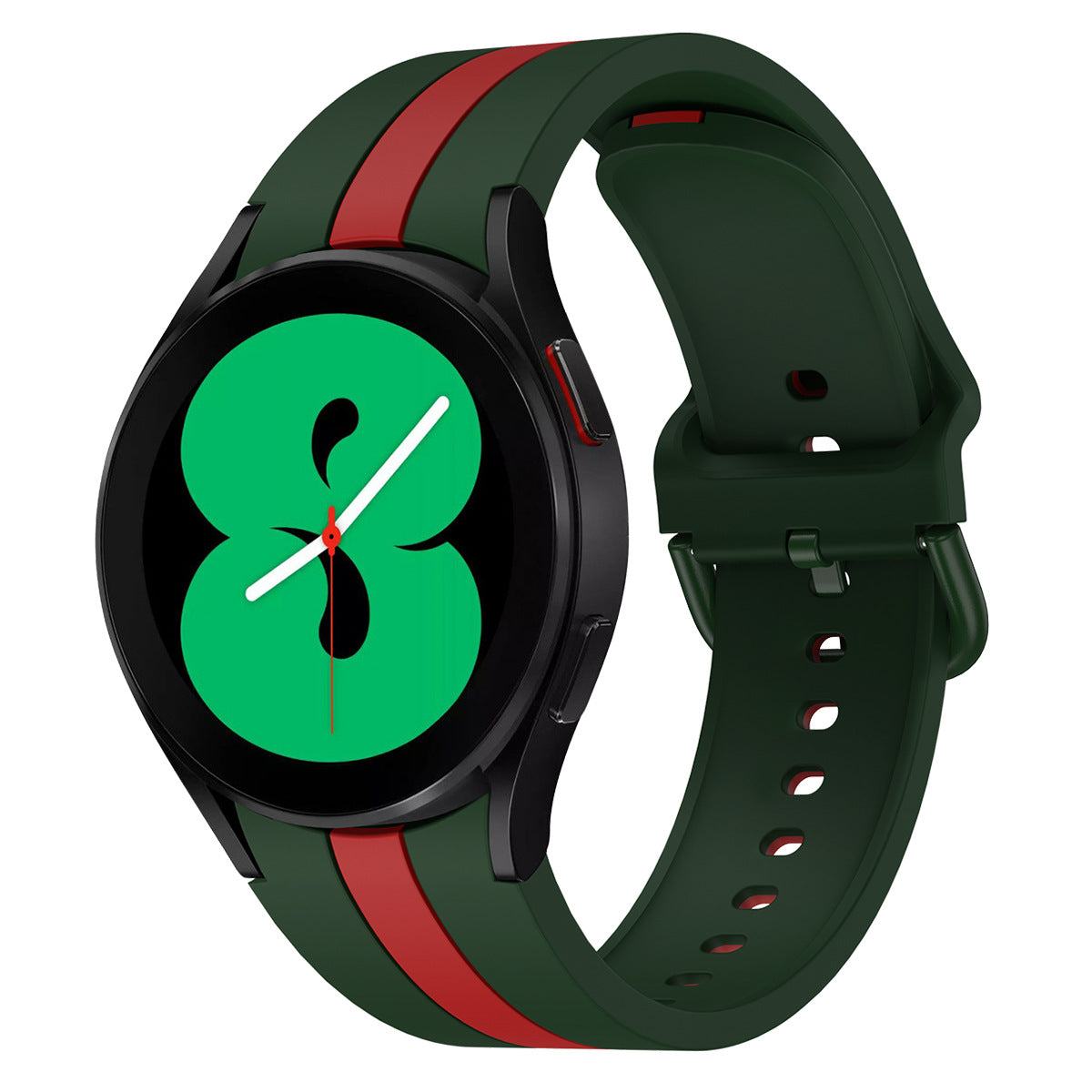 Green and red striped silicone smartwatch band with black case and green dial displayed front and back view