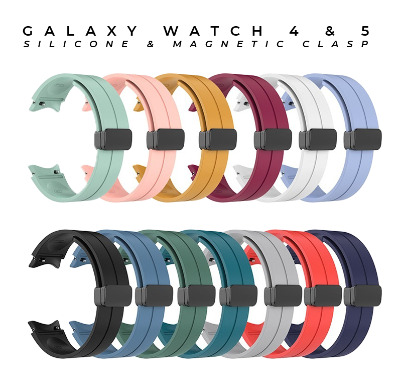 Galaxy Watch silicone bands with magnetic clasp in multiple colors including pink, mint, gold, burgundy, white, blue, black, and teal