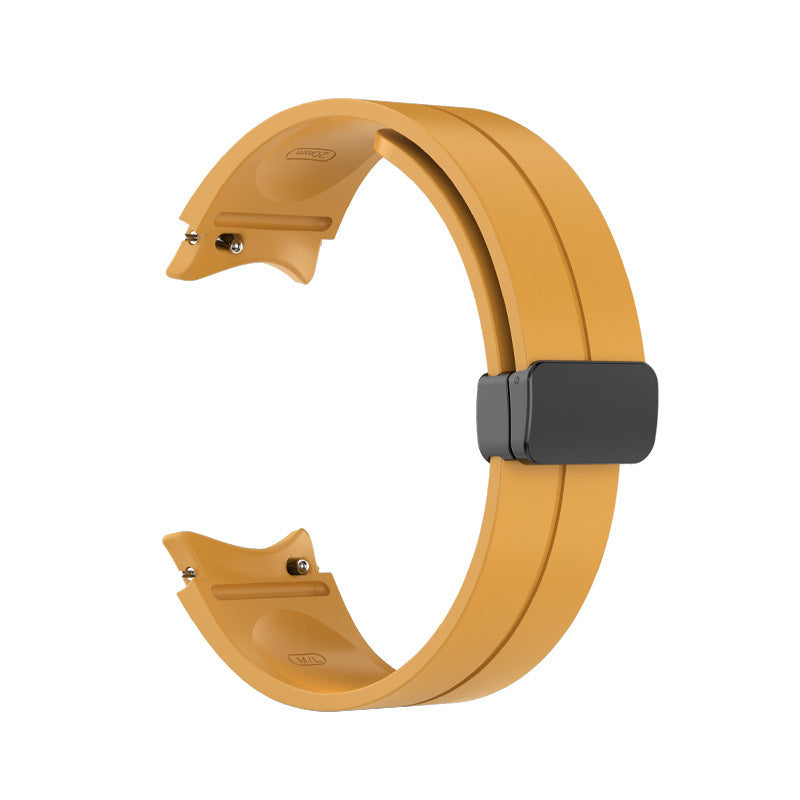 Mustard yellow silicone smartwatch band with black magnetic buckle closure, compatible with Galaxy Watch 4-7 and Vivomove HR