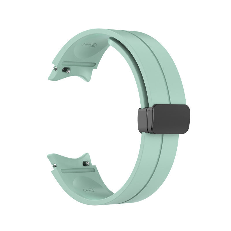 Mint green silicone smartwatch band with black magnetic buckle closure, compatible with Galaxy Watch 4-7 and Vivomove HR