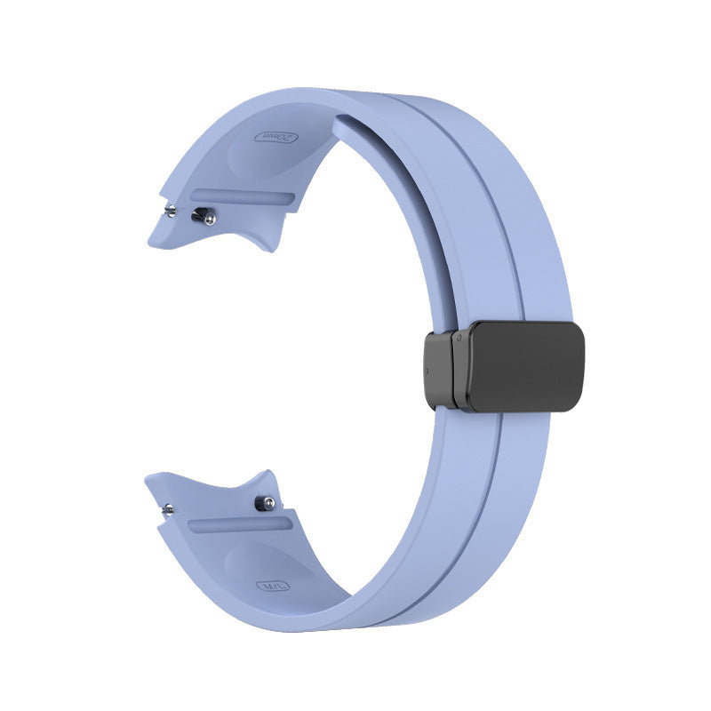 Light blue silicone smartwatch band with black magnetic buckle clasp, compatible with Galaxy Watch 4-7 and Vivomove HR