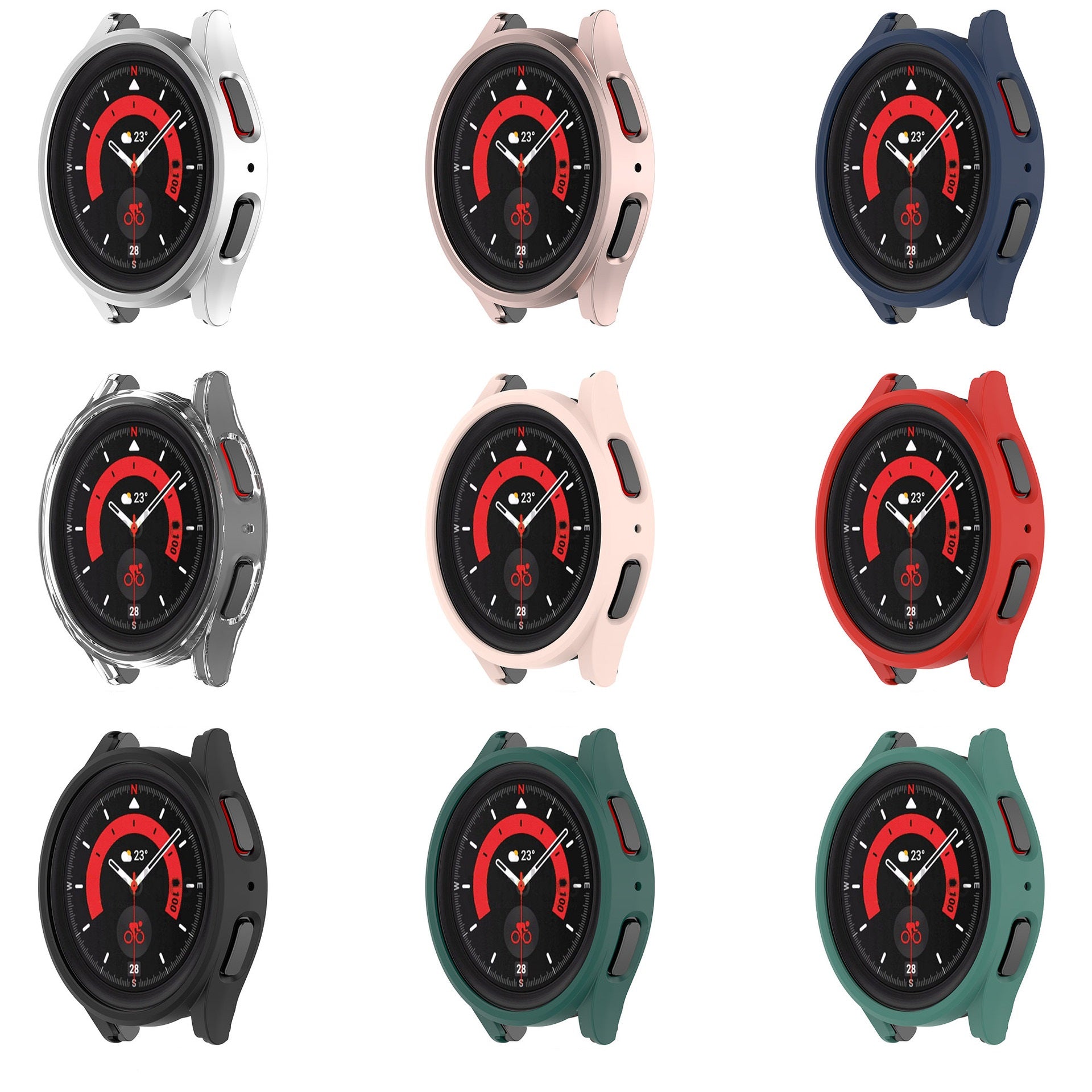 Galaxy Watch 4 and 5 protective cases in nine colors including white, pink, navy, black, red, and green with red dial display
