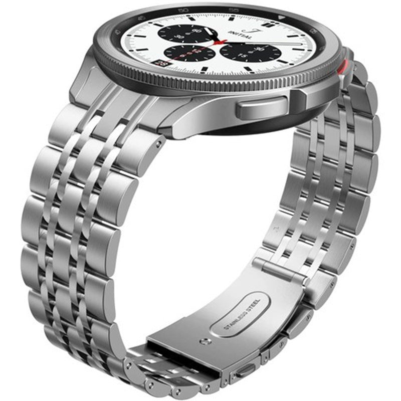 Silver stainless steel link bracelet for Galaxy Watch 4-7 with three-row design and secure clasp closure