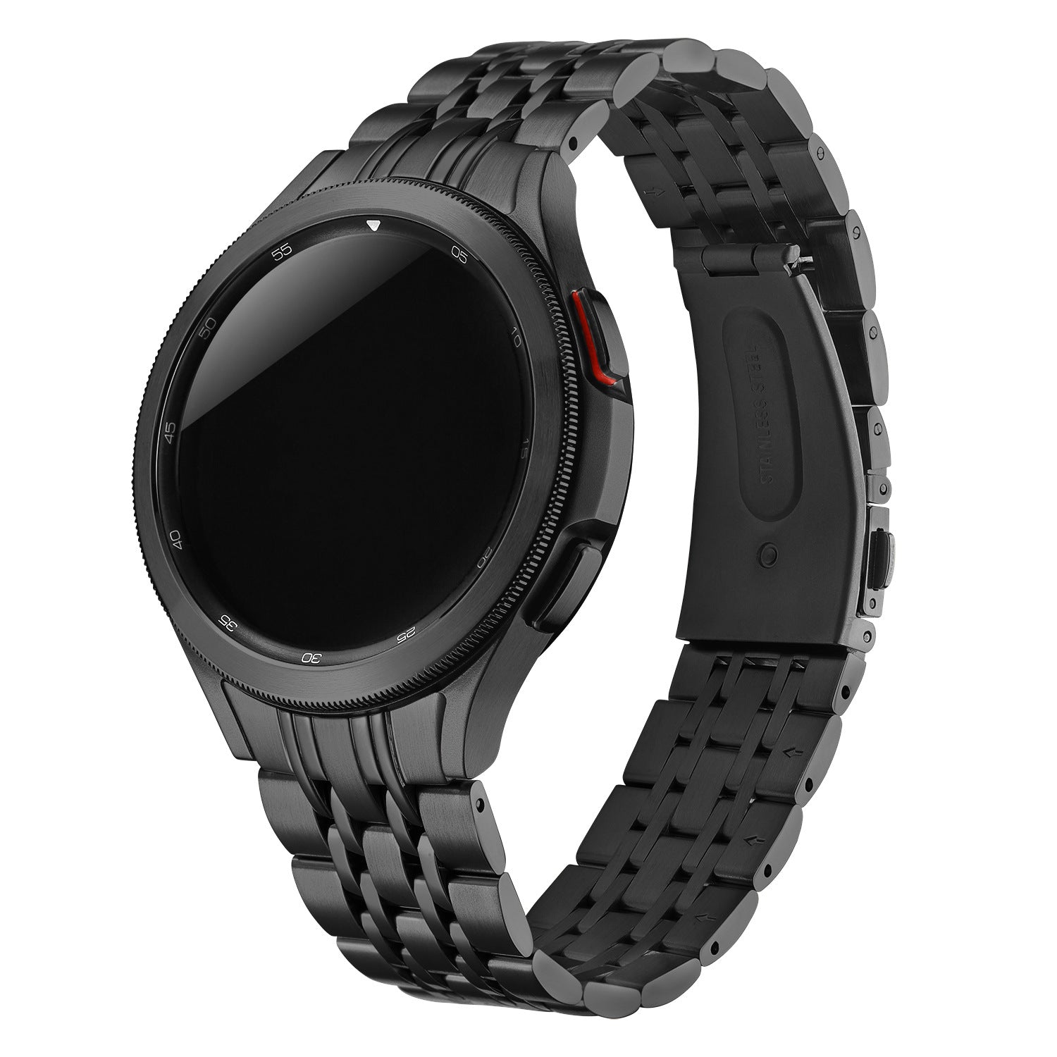 Black stainless steel fitted bracelet for Galaxy Watch 4 through 7 with segmented metal links and secure clasp