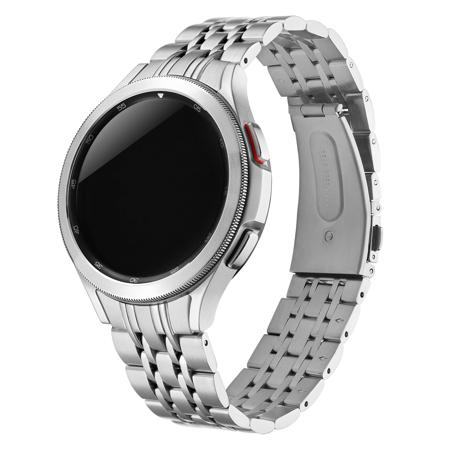 Silver stainless steel fitted bracelet for Galaxy Watch 4 through 7 smartwatch with metal links and secure clasp