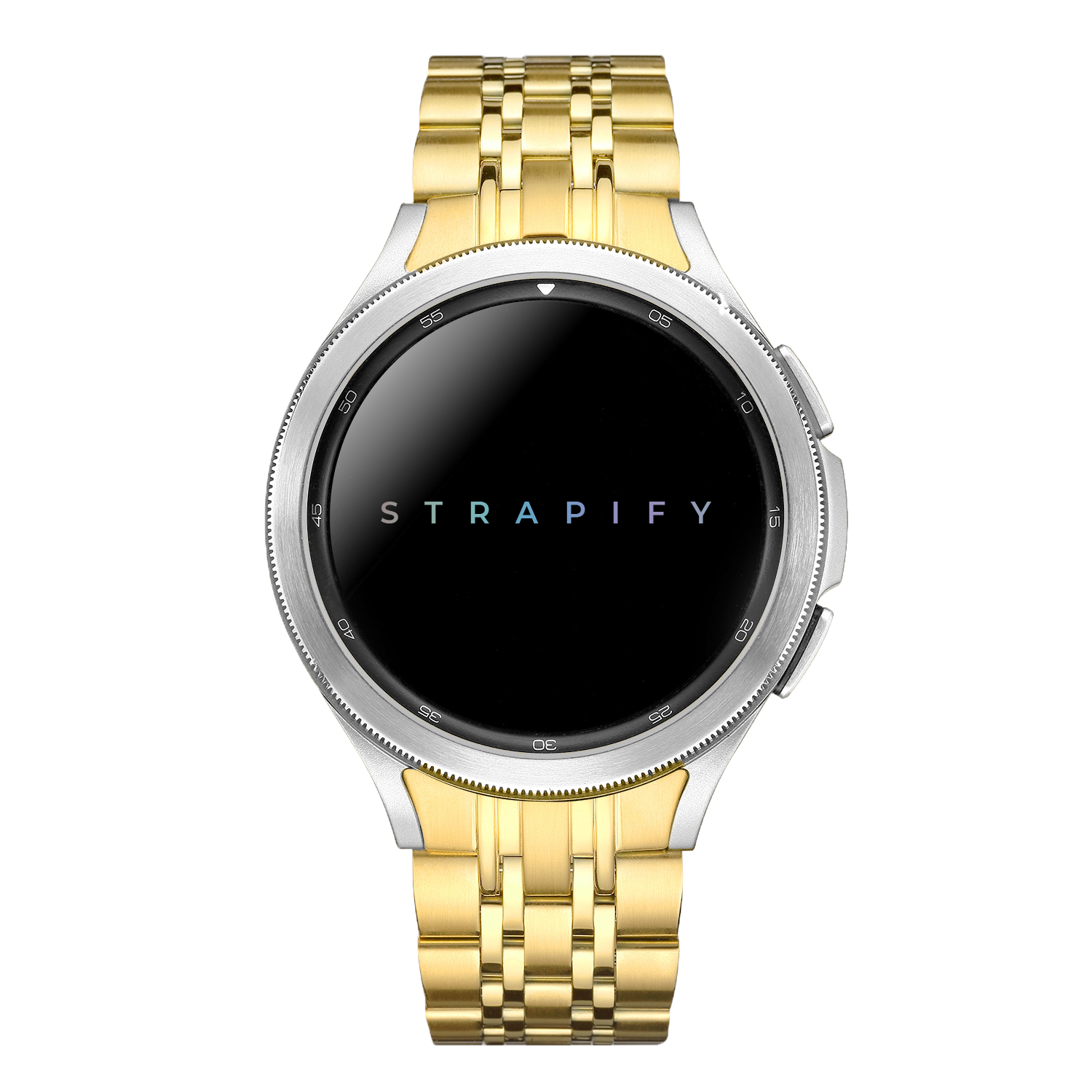 Two-tone gold and silver stainless steel smartwatch bracelet with polished links and secure fastening for Galaxy Watch models