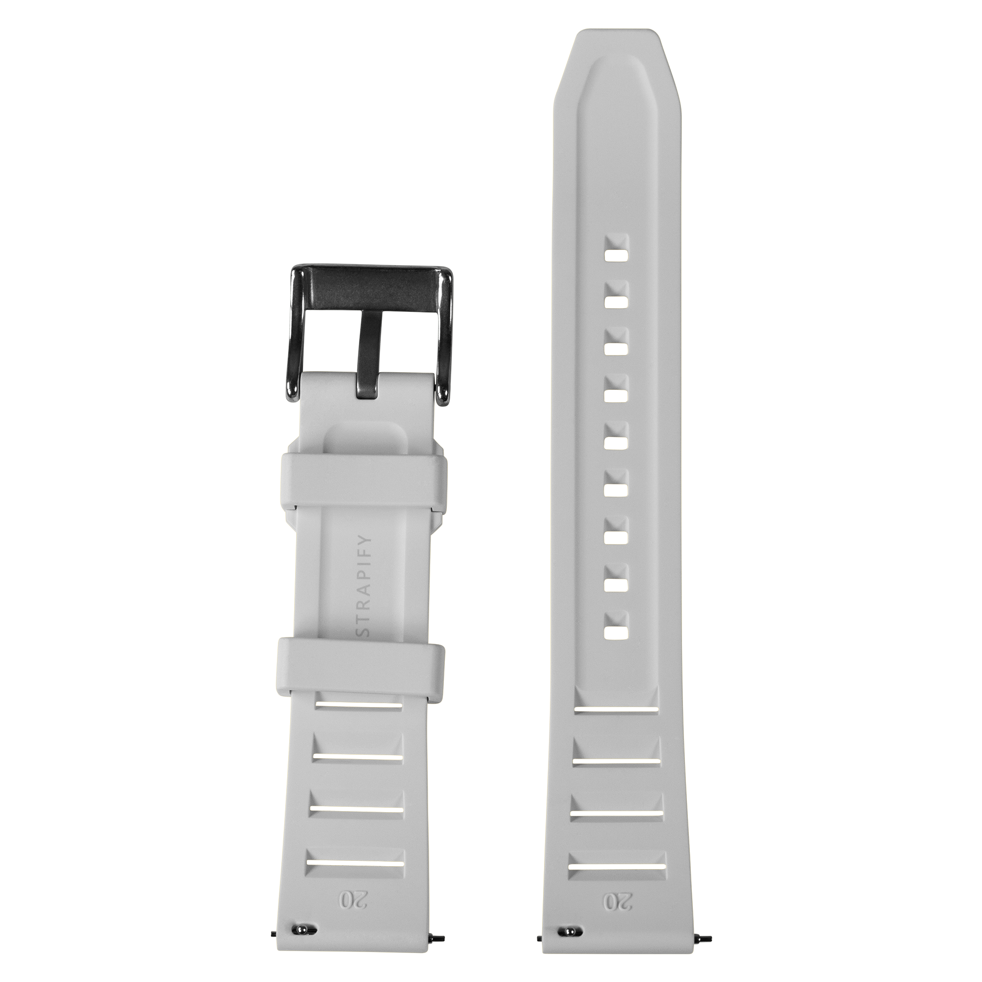 Gray silicone quick release watch band with black buckle and ventilation holes, shown folded and extended