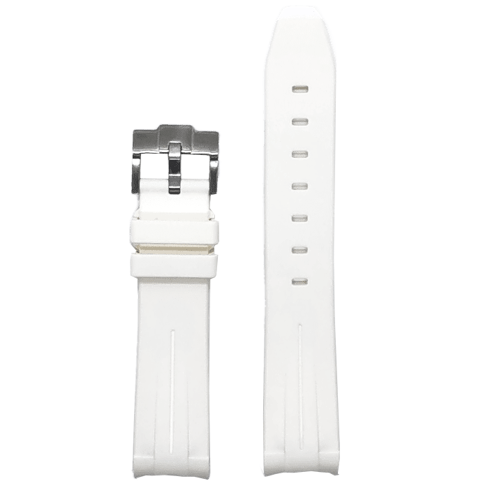 White curved rubber watch band with stainless steel buckle and ventilation holes for comfort and durability