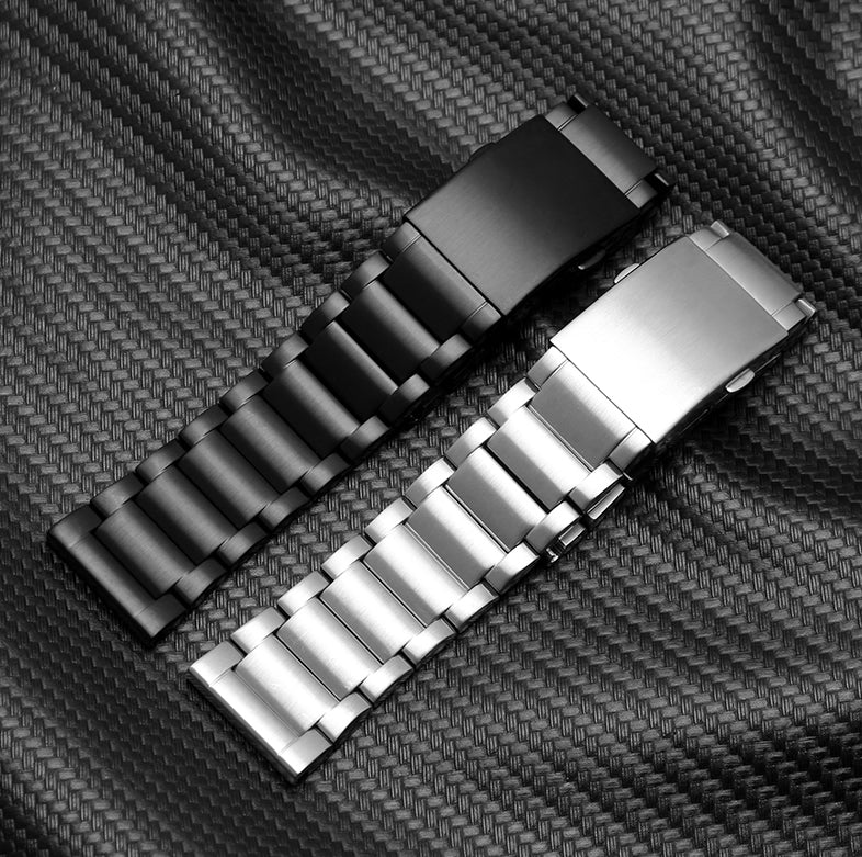 Stainless steel watch bracelet with deployant clasp in black and silver finishes, adjustable 26mm to 30mm width