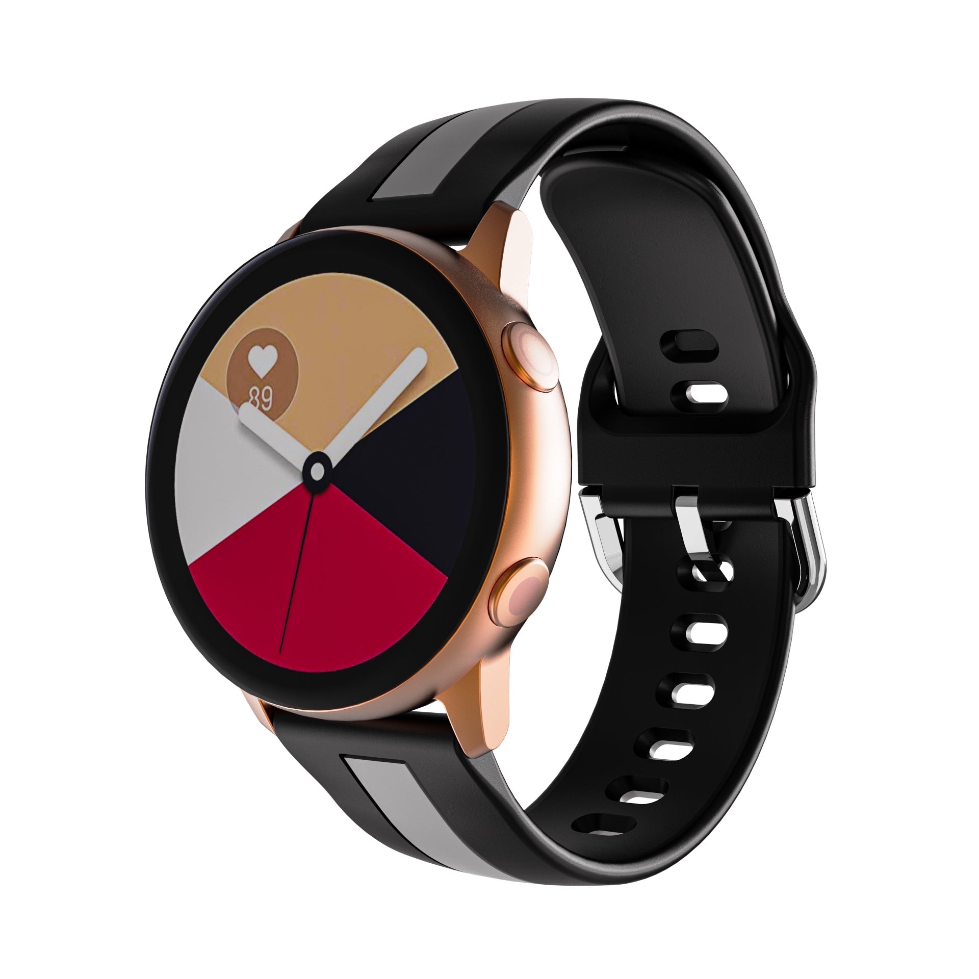 Rose gold smartwatch with black silicone band, colorful geometric watch face, heart rate monitor display, quick release strap