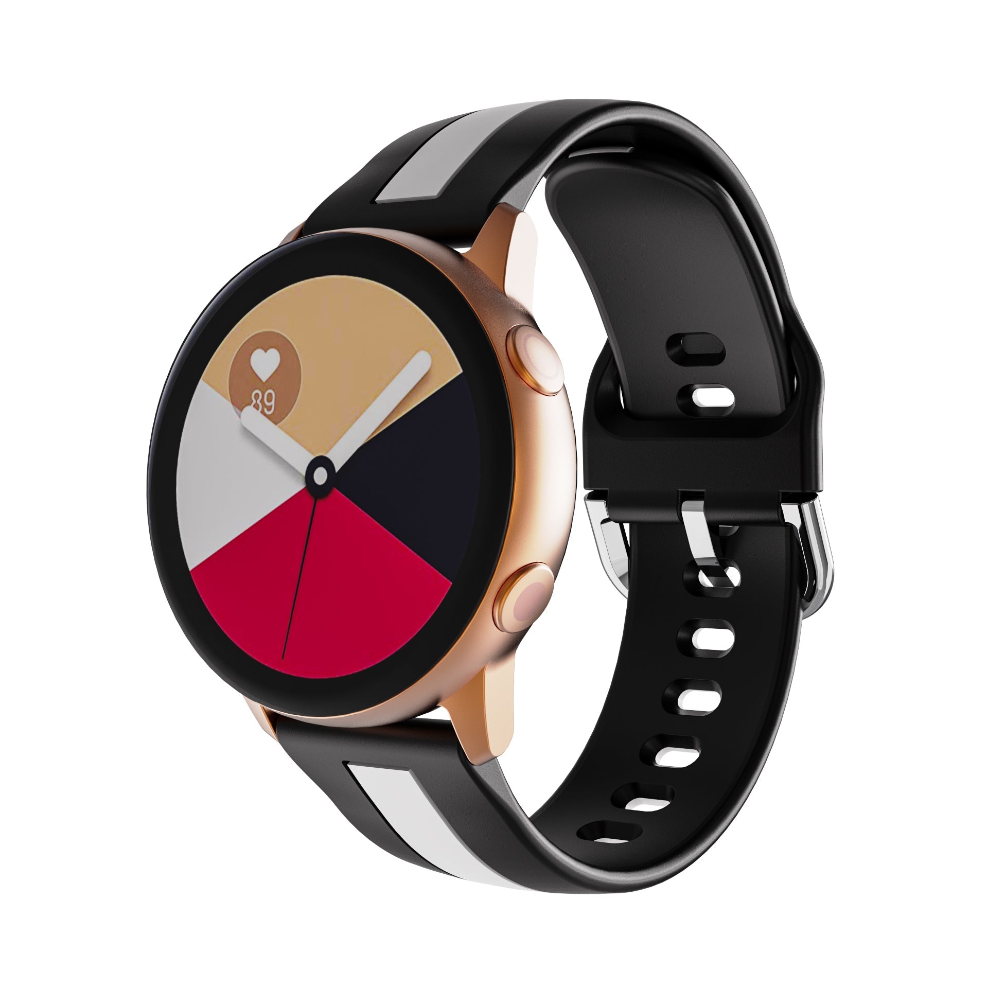 Rose gold smartwatch with colorful pie chart display, heart rate monitor, and black silicone sport band with white stripes