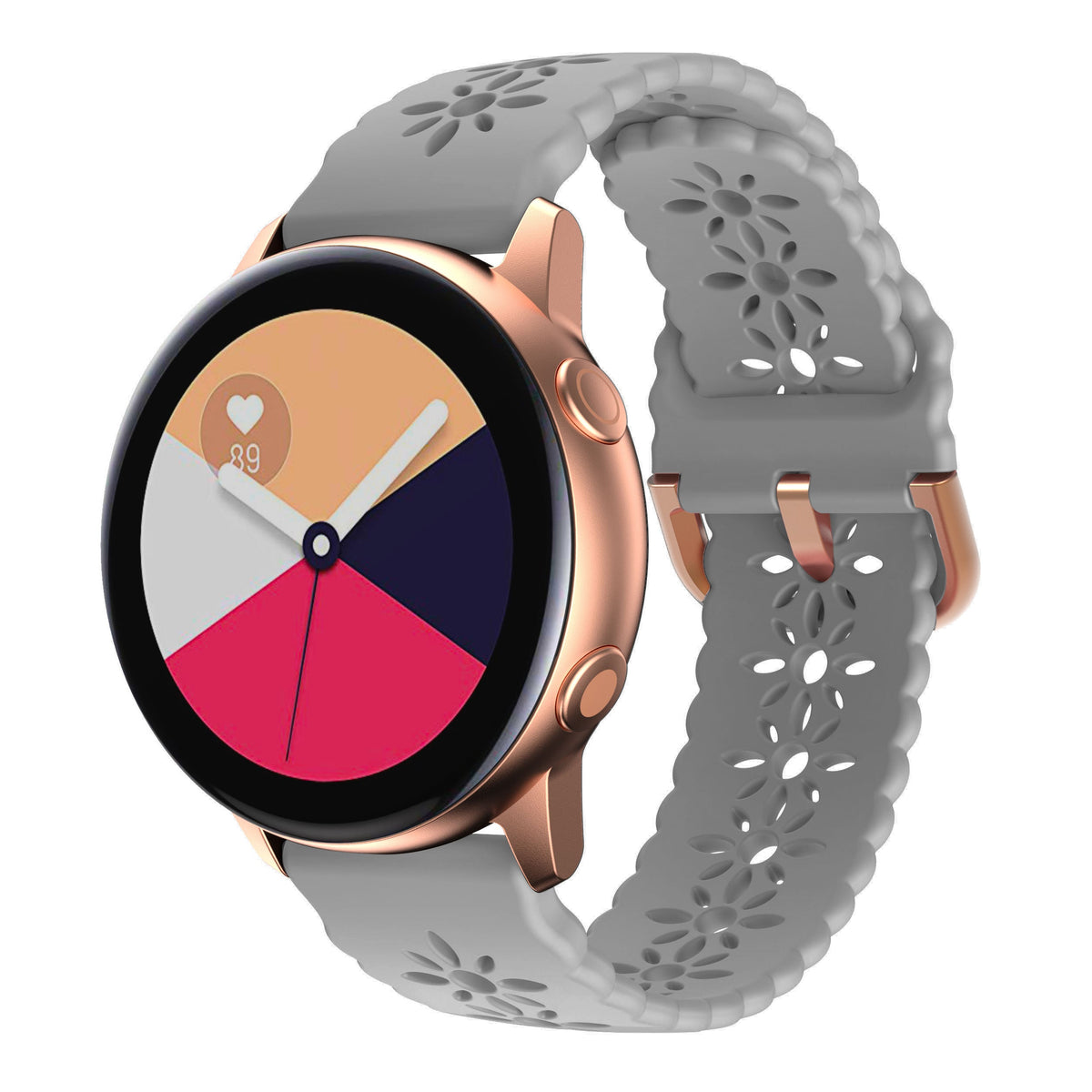 Rose gold smartwatch with colorful dial and gray floral silicone quick release band with rose gold hardware