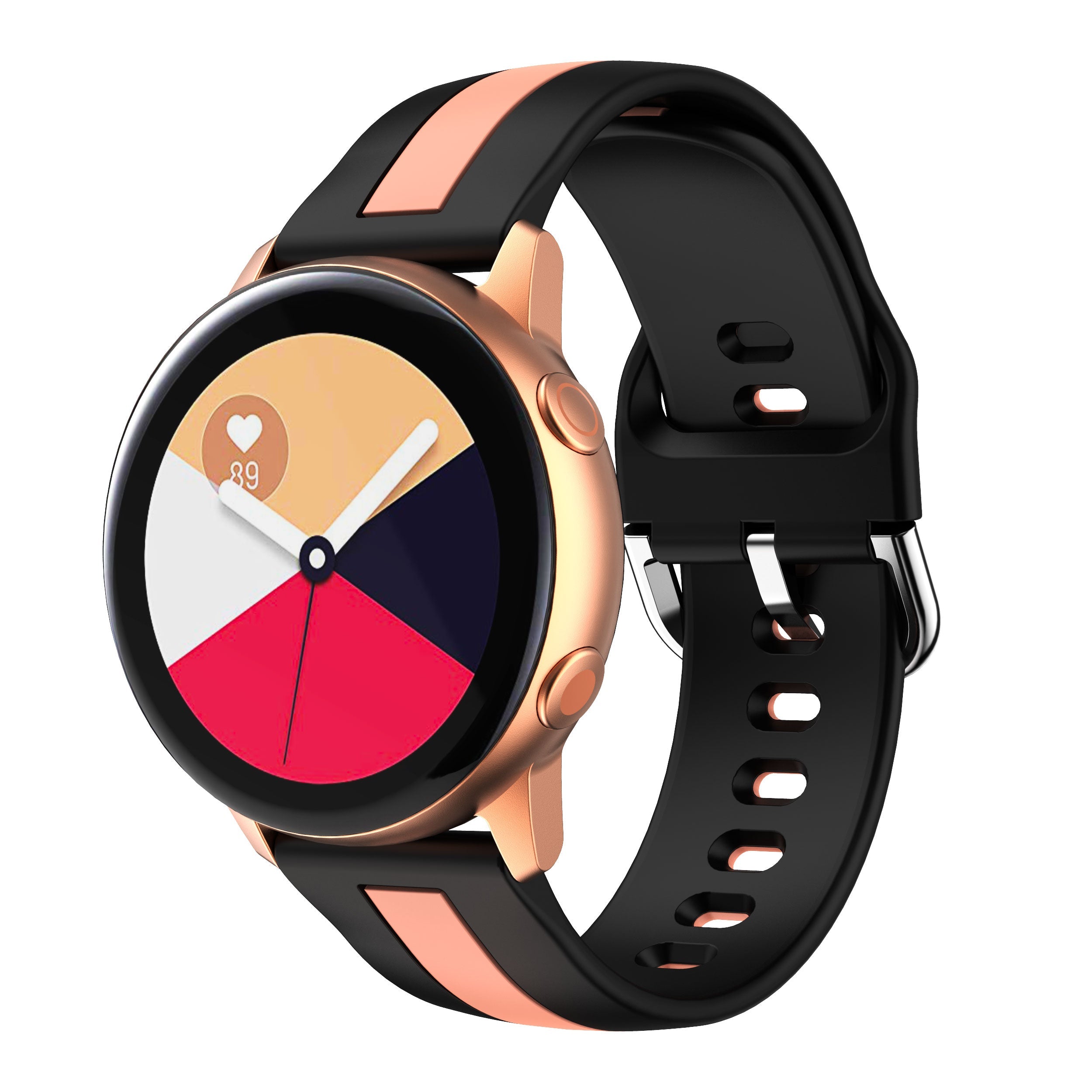 Rose gold and black smartwatch with colorful dial displaying heart rate monitor and striped silicone quick release band