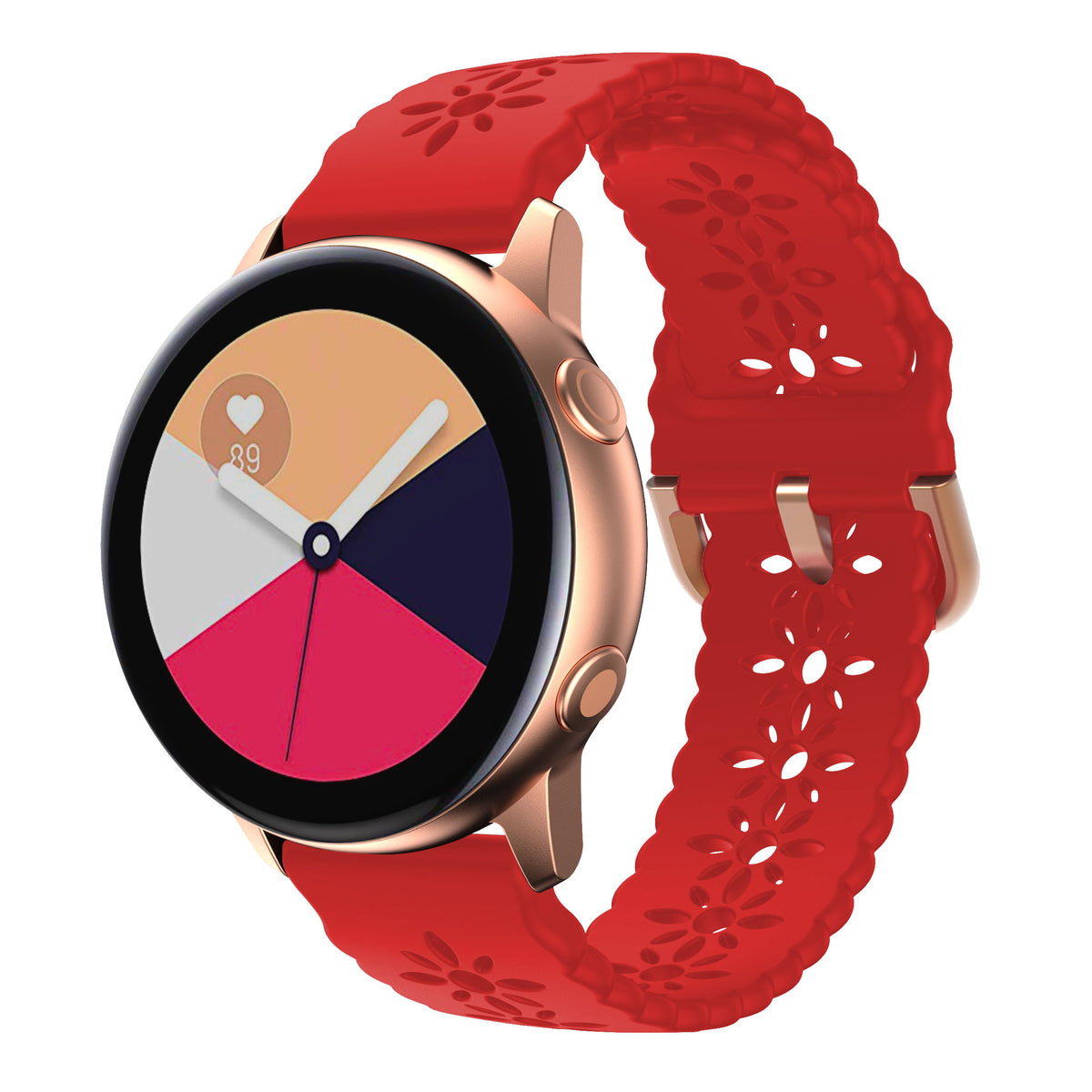 Rose gold smartwatch with colorful pie chart display and red floral silicone band with quick release clasp