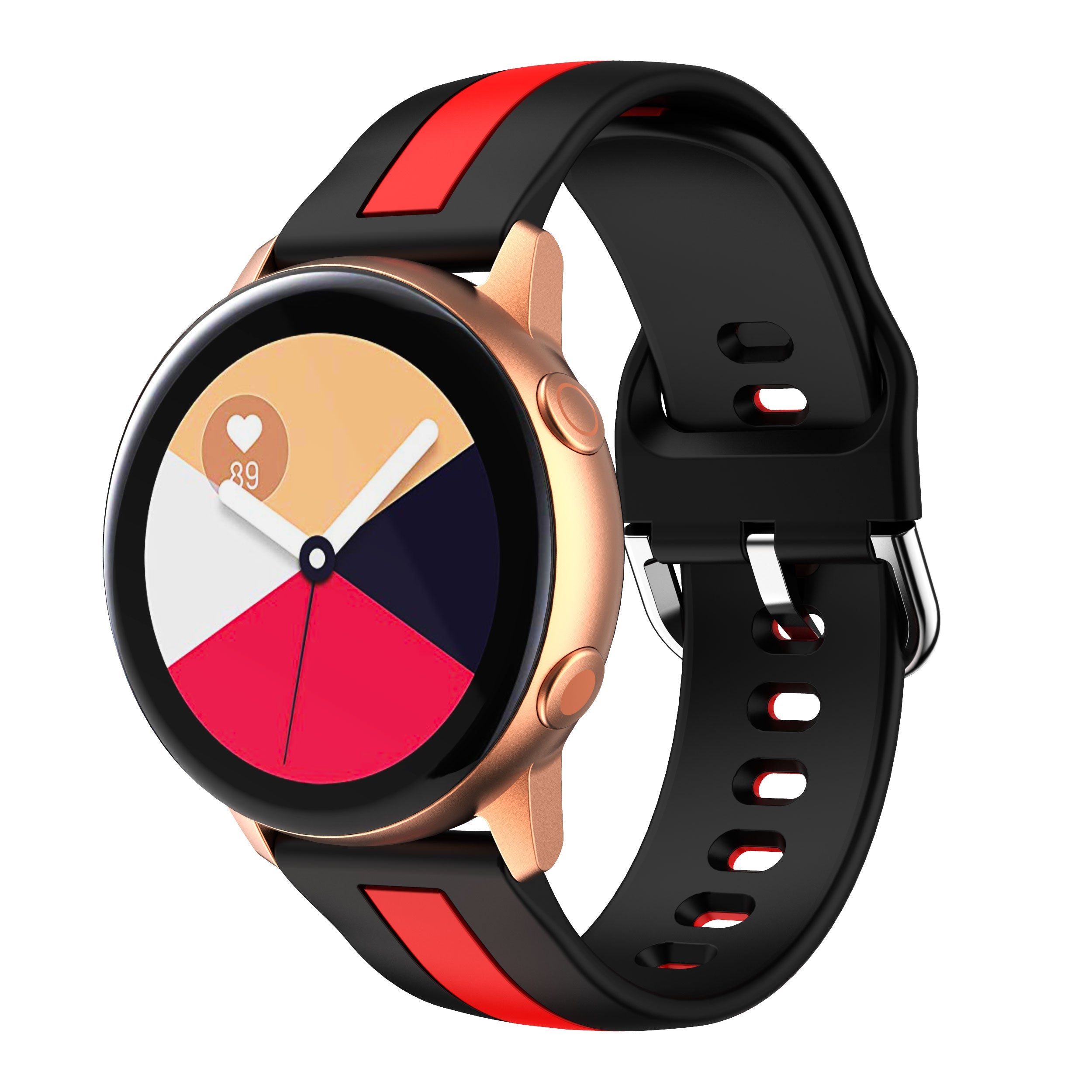 Rose gold smartwatch with colorful pie chart display, black and red striped silicone band, heart rate monitoring widget