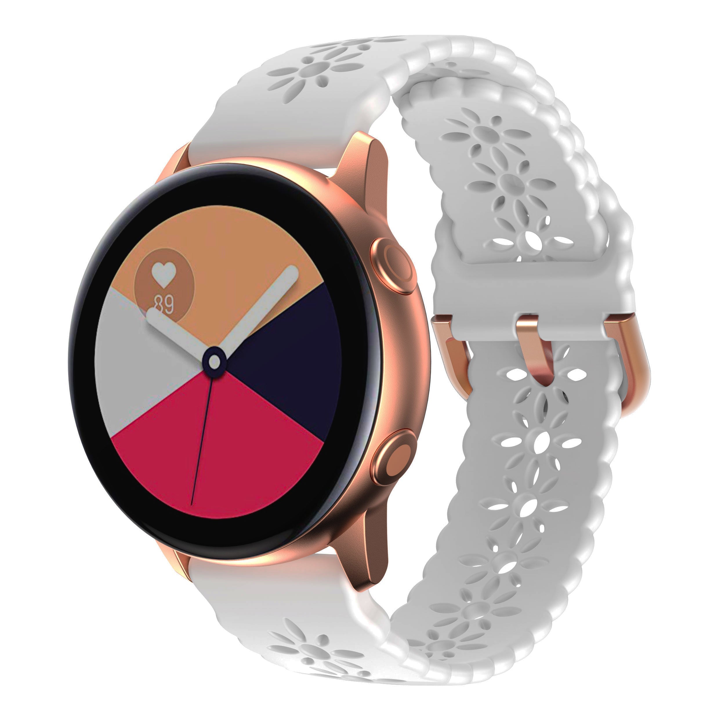 Rose gold smartwatch with colorful watch face and white perforated silicone band with quick release floral cutout design
