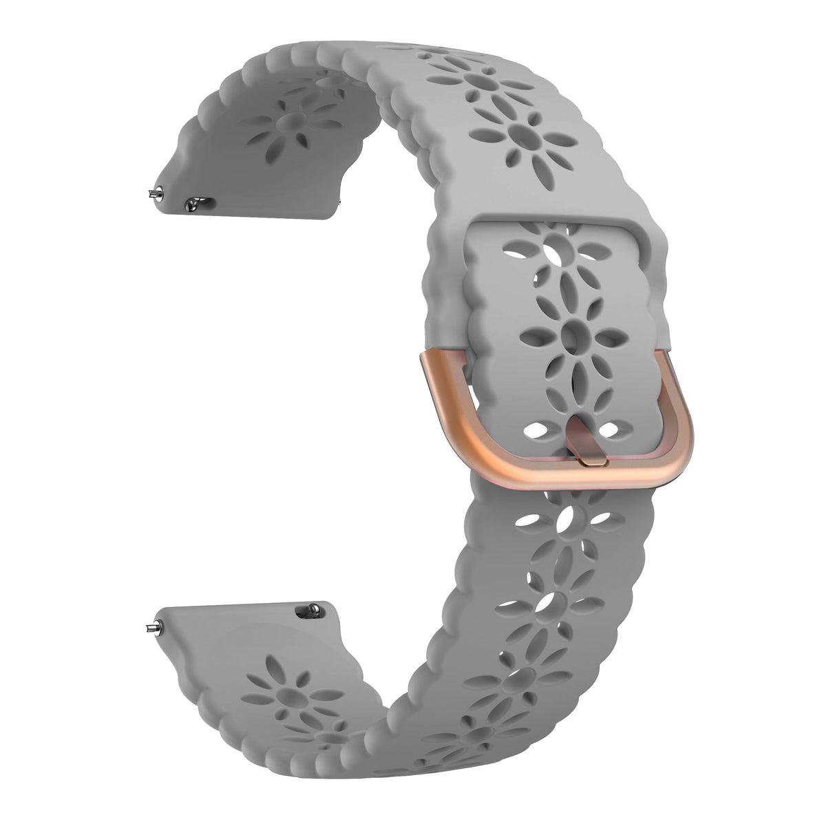 Gray silicone smartwatch band with floral cutout design and rose gold quick release buckle connector