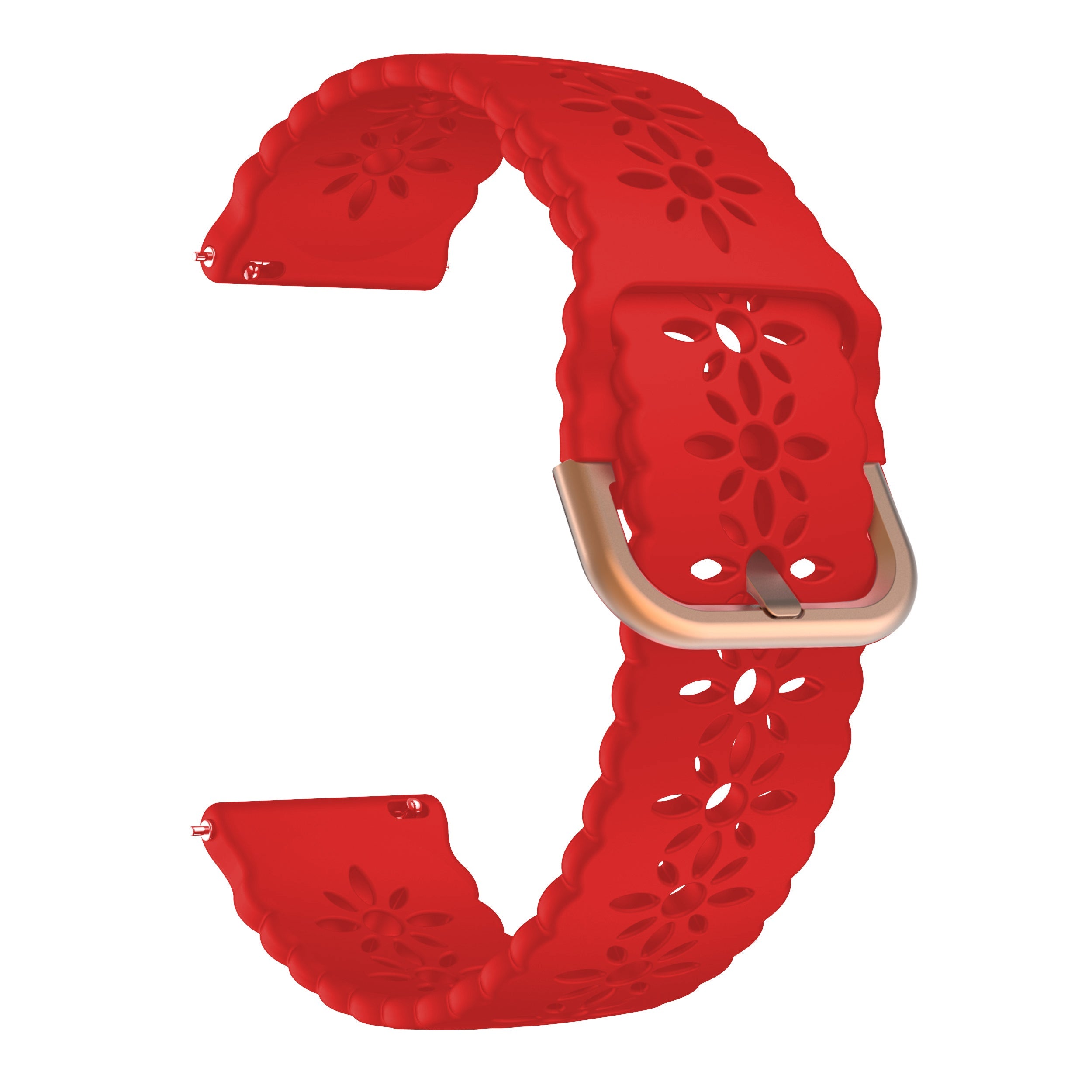 Red floral silicone watch band with rose gold quick release hardware and buckle clasp