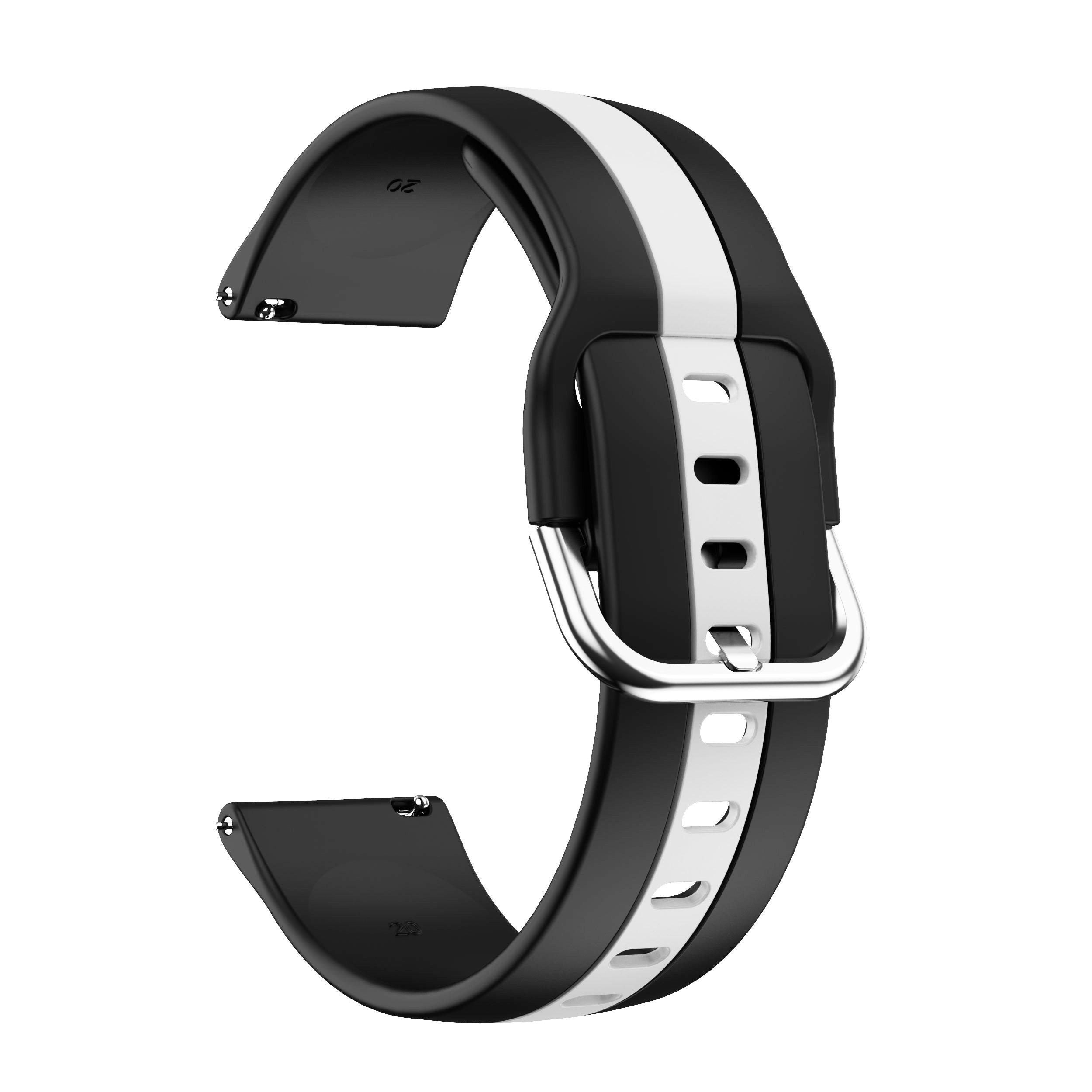 Black and white striped silicone quick release watch band with metal buckle clasp