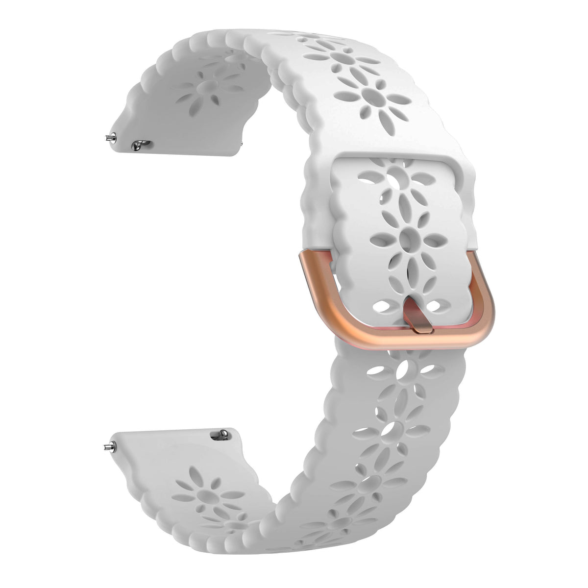 White silicone smartwatch band with floral cutout pattern and rose gold quick release buckle hardware