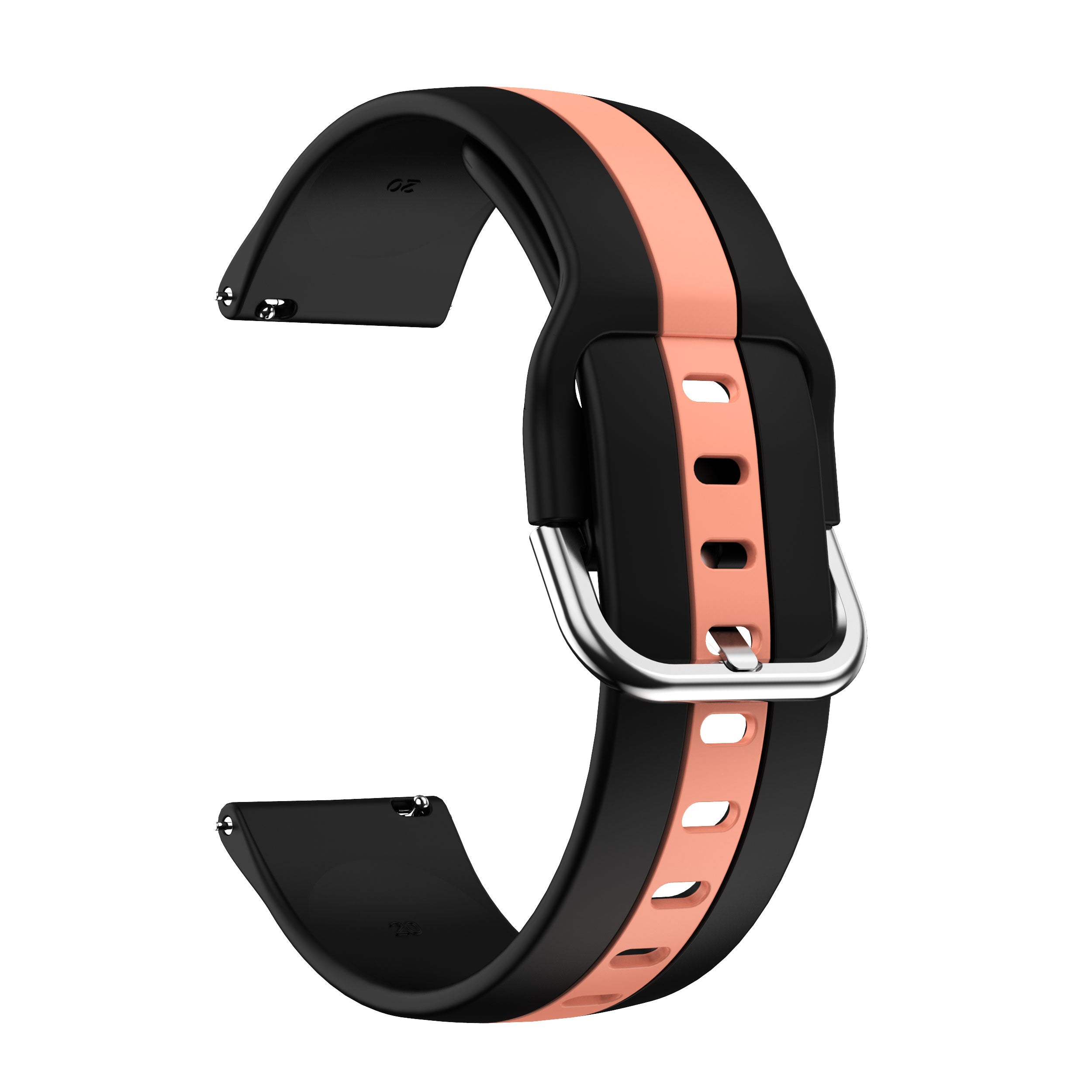 Black and coral striped silicone quick release watch band with metal buckle and adjustment holes
