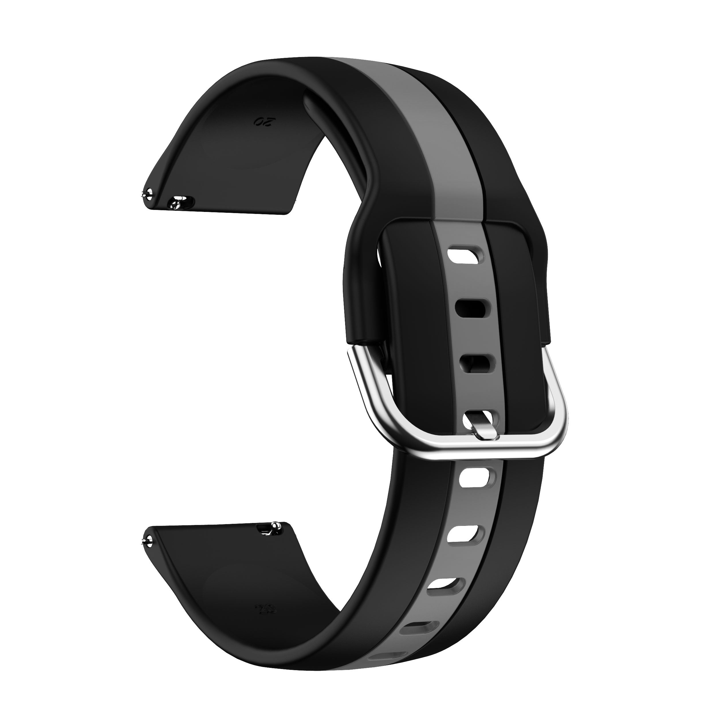Black and gray striped silicone smartwatch band with quick release metal buckle and ventilation holes