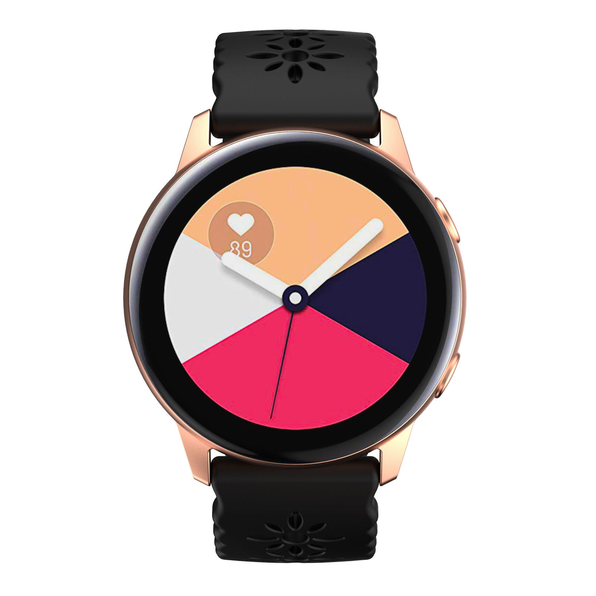 Rose gold smartwatch with colorful dial, black silicone quick release band, and heart rate monitor displaying 89 BPM